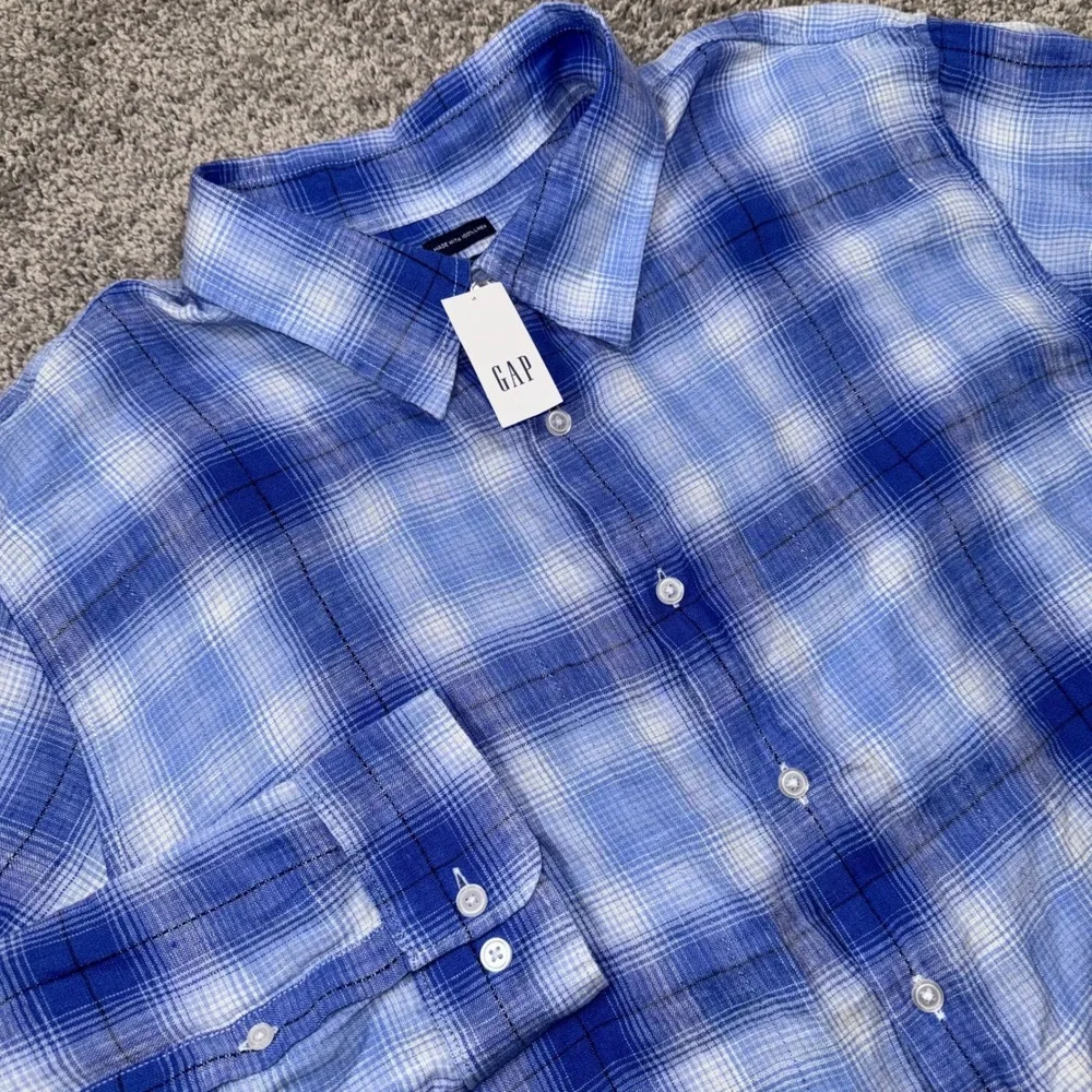 Gap Linen Plaid Button Down Shirt Mens Long Sleeve Blue XXL NEW